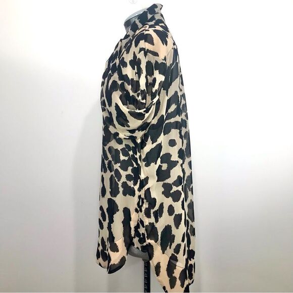 TopShop Tan Black Animal Print Semi Sheer Long Sleeve Button Up Tunic Blouse - Picture 3 of 16